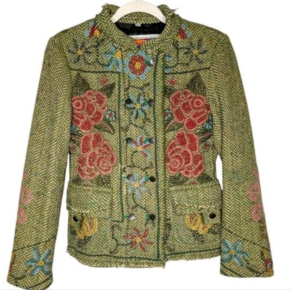 Johnny Was Green Boho Tweed Cottagecore Maximalist Floral Embroidered Jacket XS